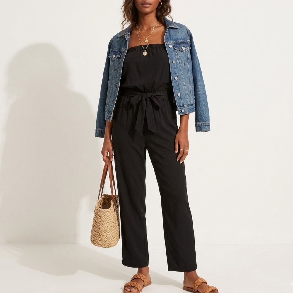 LOFT Petites Strapless Belted Jumpsuit in Black Size XS